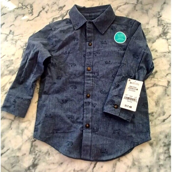 Carters Child of Mine Boy 2T Shirt Button Down NWT Tiger Print Chambray Preppy - Picture 2 of 6